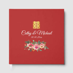Peony floral double happiness Chinese wedding red  Guest Book