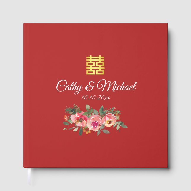 Peony floral double happiness Chinese wedding red  Guest Book (Front)