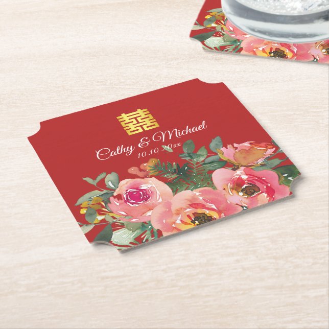 Peony floral double happiness Chinese wedding red Paper Coaster (Angled)