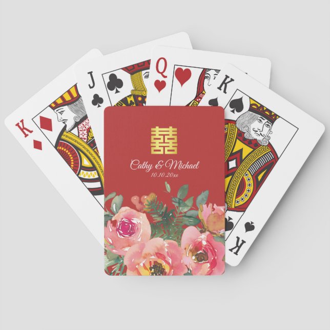 Peony floral double happiness Chinese wedding red Playing Cards (Back)