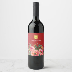 Peony floral double happiness Chinese wedding red  Wine Label