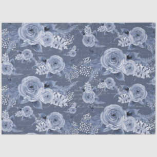 Peony Floral Dusty Blue Vintage Script Decoupage Tissue Paper
