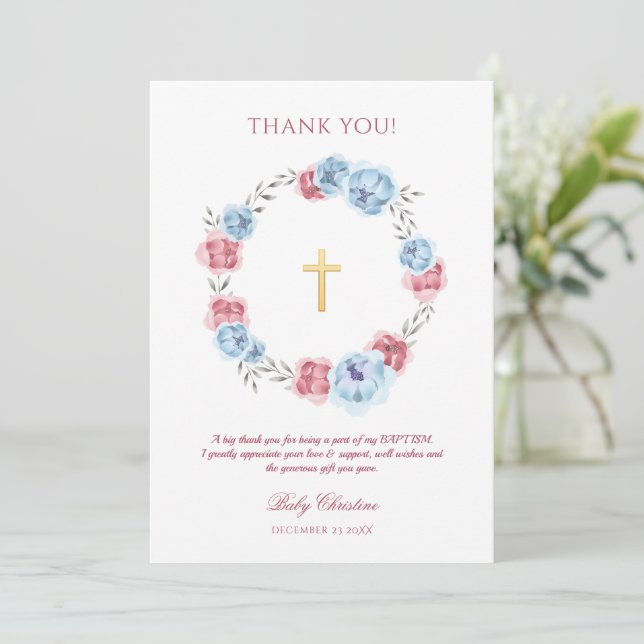Peony Floral Girl Boy Baptism Thank You Card (Standing Front)