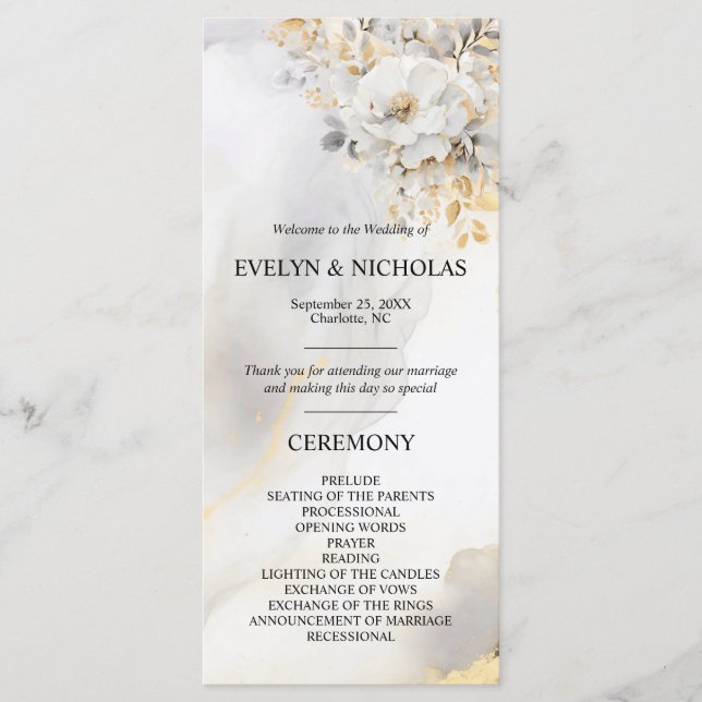 Peony Floral Gold Grey Silver Ceremony Programme (Front)