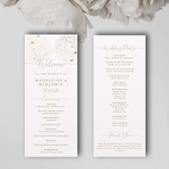 Peony Floral Gold Lace Elegant Wedding Program (peony wedding ceremony program white and gold elegant modern classic romantic calligraphy feminine)