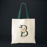 Peony Floral Letter B Black Monogram Bridesmaid Tote Bag<br><div class="desc">Floral letter B monogram tote bag features watercolor floral bouquet of white and blush pink peonies and roses,  greenery accent. This letter B floral bridesmaid monogram tote bag is perfect for weddings,  showers,  birthdays and so much more. Personalise by adding names or a short phrase.</div>