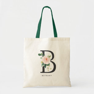 Peony Floral Letter B Black Monogram Bridesmaid Tote Bag
