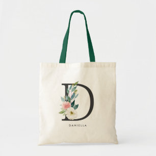 Peony Floral Letter D Black Monogram Bridesmaid Tote Bag
