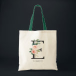 Peony Floral Letter E Black Monogram Bridesmaid Tote Bag<br><div class="desc">Floral letter E monogram tote bag features watercolor floral bouquet of white and blush pink peonies and roses,  greenery accent. This letter E floral bridesmaid monogram tote bag is perfect for weddings,  showers,  birthdays and so much more. Personalise by adding names or a short phrase.</div>
