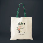 Peony Floral Letter E Black Monogram Bridesmaid Tote Bag<br><div class="desc">Floral letter E monogram tote bag features watercolor floral bouquet of white and blush pink peonies and roses,  greenery accent. This letter E floral bridesmaid monogram tote bag is perfect for weddings,  showers,  birthdays and so much more. Personalise by adding names or a short phrase.</div>