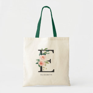 Peony Floral Letter E Black Monogram Bridesmaid Tote Bag