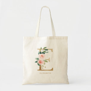 Peony Floral Letter E Gold Monogram Bridesmaid Tote Bag