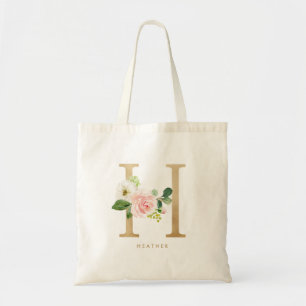 Peony Floral Letter H Gold Monogram Bridesmaid Tote Bag