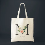 Peony Floral Letter M Black Monogram Bridesmaid Tote Bag<br><div class="desc">Feminine and elegant floral bridesmaid tote bag featuring watercolor illustrations of flowers,  greenery monogram. Personalise by adding a name or short phrase. This letter M floral monogram canvas bag will be perfect as a personalised gift for weddings,  birthdays and so much more.</div>
