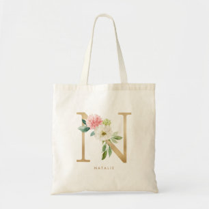 Peony Floral Letter N Gold Monogram Bridesmaid Tote Bag