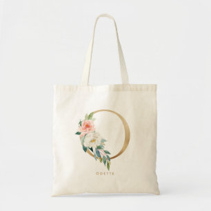 Peony Floral Letter O Gold Monogram Bridesmaid Tote Bag
