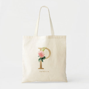 Peony Floral Letter P Gold Monogram Bridesmaid Tote Bag