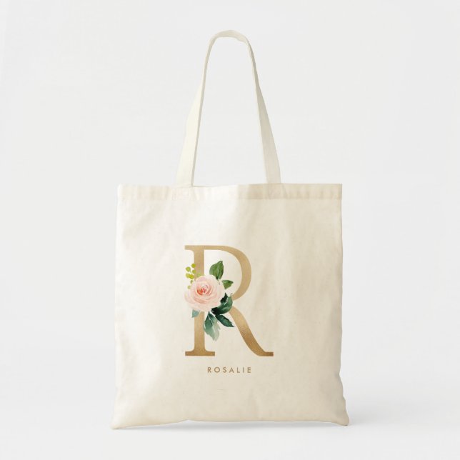 Peony Floral Letter R Gold Monogram Bridesmaid Tote Bag (Front)