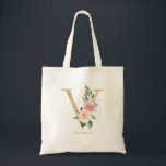 Peony Floral Letter V Gold Monogram Bridesmaid Tot Tote Bag<br><div class="desc">Floral letter V monogram tote bag features watercolor floral bouquet of white and blush pink peonies and roses, greenery accent and faux gold foil letter. This letter V floral bridesmaid monogram tote bag is perfect for weddings, showers, birthdays and so much more. Personalise by adding names or a short phrase....</div>