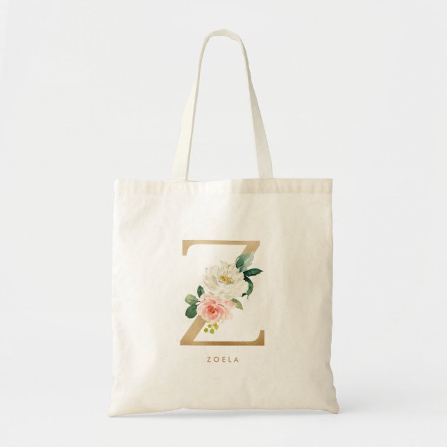 Peony Floral Letter Z Gold Monogram Bridesmaid Tote Bag (Front)