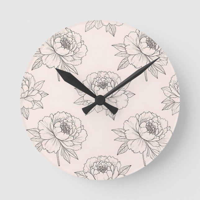 Peony Floral Line Art Pattern Soft Round Clock (Front)