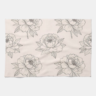 Peony Floral Line Art Pattern Soft Tea Towel