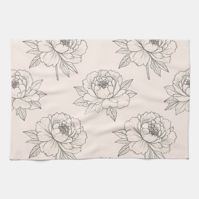 Peony Floral Line Art Pattern Soft Tea Towel (Horizontal)