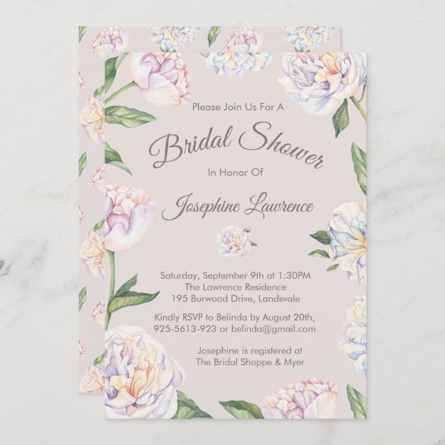 Peony Floral Mauve Bridal Shower Invitations (Front/Back)