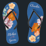 Peony Floral Mother of the Groom Blue Wedding  Flip Flops<br><div class="desc">This desirable pair of flip flops features retro aesthetic pattern of beautiful peony flowers on the blue background, and changeable typography "Mother of the groom". These personalised and elegant flip flops are a memorable gift for wedding party members: bride, bridesmaids, mother of the bride, maid of honour... They will add...</div>