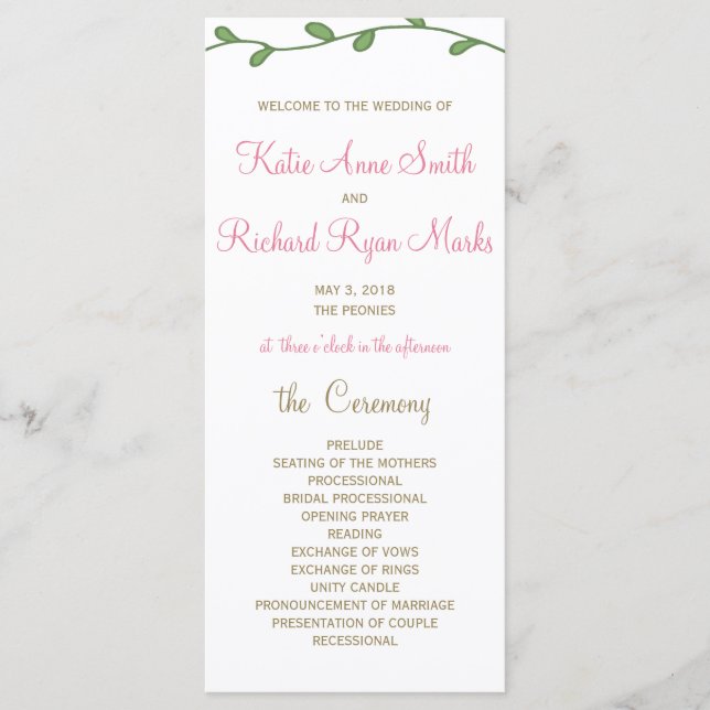 Peony Floral Order of Service/Wedding Program Card (Front)