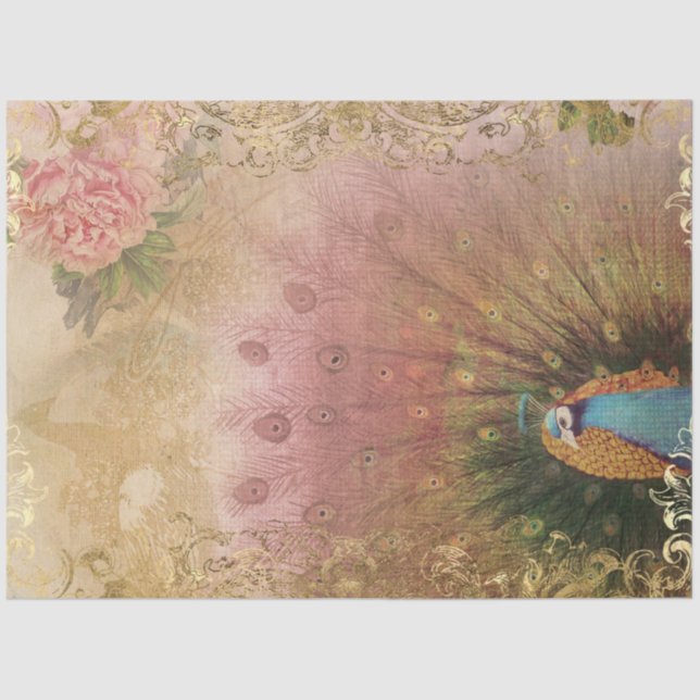 Peony Floral Peacock Blush Pink Gold Decoupage Tissue Paper (Front)