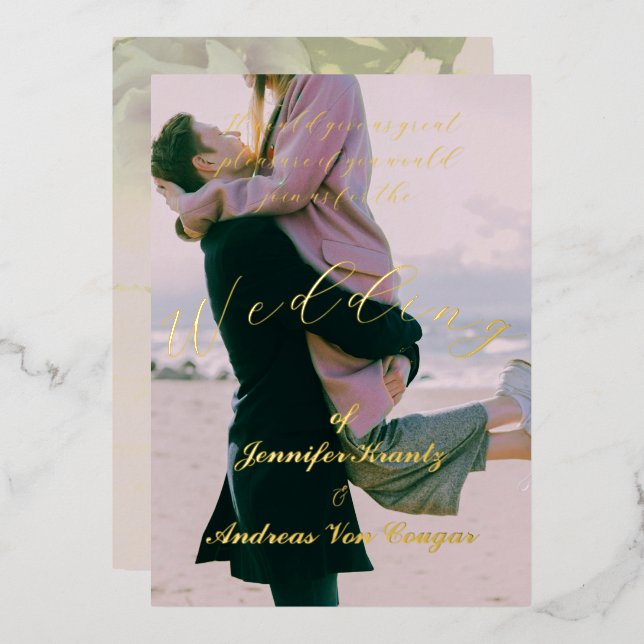 Peony Floral Photo Wedding  Foil Invitation (Front/Back)