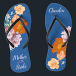 Peony Floral Something Blue Wedding Flip Flops<br><div class="desc">This desirable pair of flip flops features retro aesthetic pattern of beautiful peony flowers on the blue background, and changeable typography "Mother of the bride". These personalised and elegant flip flops are a memorable gift for wedding party members: bride, bridesmaids, mother of the bride, maid of honour... They will add...</div>