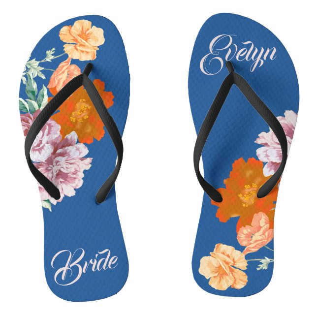 Peony Floral Something Blue Wedding Flip Flops (Footbed)