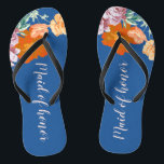 Peony Floral Something Blue Wedding Maid of Honour Flip Flops<br><div class="desc">This desirable pair of flip flops features watercolor pattern of beautiful peony flowers on the blue background, and changeable typography "Maid of Honour". These personalised and elegant flip flops are a memorable gift for wedding party members: bride, bridesmaids, mother of the bride, maid of honour... They will add a stylish dose of glam...</div>