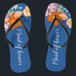 Peony Floral Something Blue Wedding Maid of Honour Flip Flops<br><div class="desc">This desirable pair of flip flops features watercolor pattern of beautiful peony flowers on the blue background, and changeable typography "Maid of Honour". These personalised and elegant flip flops are a memorable gift for wedding party members: bride, bridesmaids, mother of the bride, maid of honour... They will add a stylish dose of glam...</div>