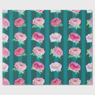 Peony Floral Stripes Watercolor Wrapping Paper