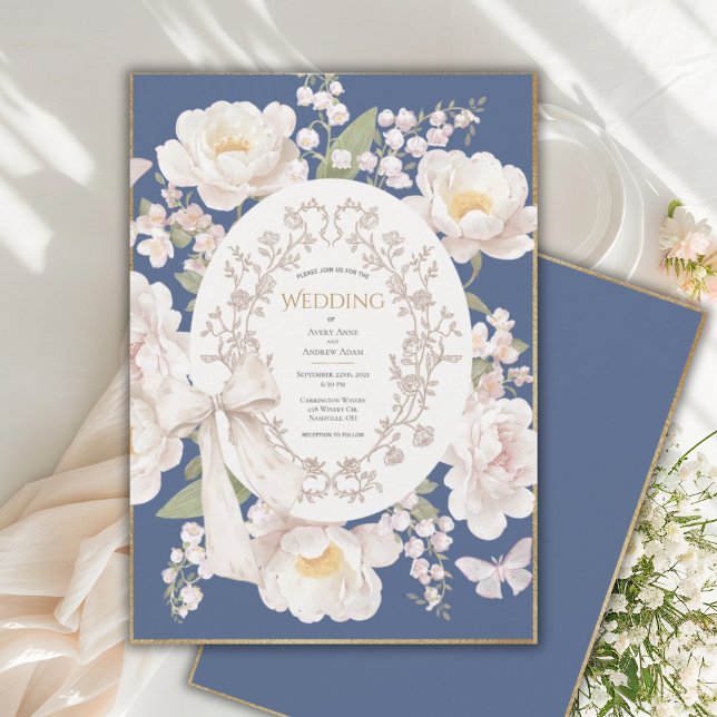 Peony Floral Vintage Elegant Blue Wedding Invitation (Creator Uploaded)