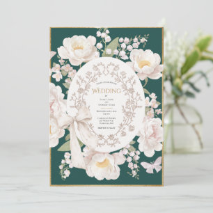 Peony Floral Vintage Elegant Hunter Green Wedding Invitation