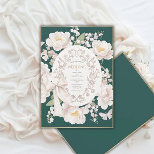 Peony Floral Vintage Elegant Hunter Green Wedding Invitation