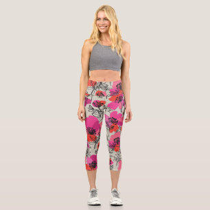 Peony Floral Vintage Seamless Pattern. Capri Leggings