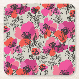 Peony Floral Vintage Seamless Pattern. Square Paper Coaster