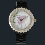 *~* Peony Floral Watercolor Pink Lavender Popular Watch<br><div class="desc">* A Lovely Lavender and pink on a glowing white background. This design is an impressive very pretty watercolor peony flower gracing the face of this women's watch. * The strap is black and made of hard sturdy enamel. There are sparkling rhinestones around the face of the watch give this...</div>