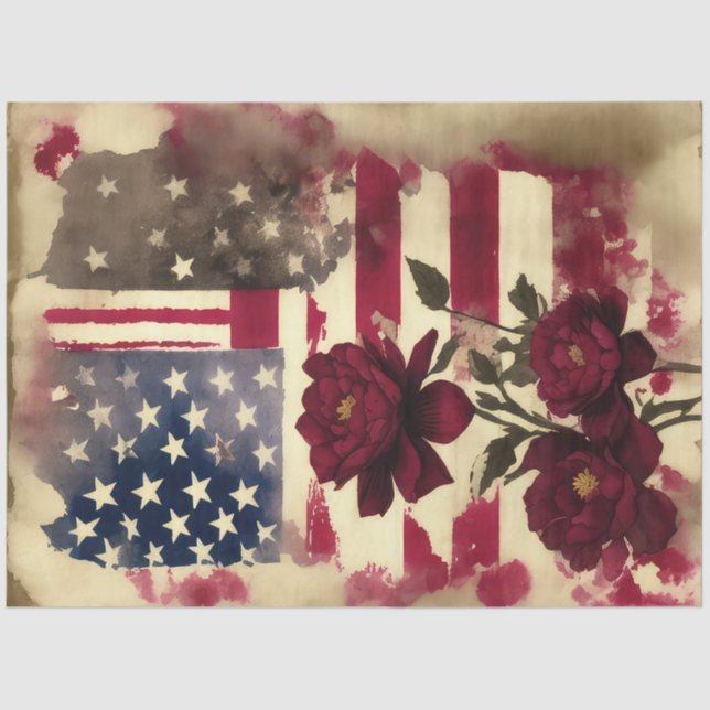 Peony Flower 4th Of July American Flag Tissue Paper (Front)