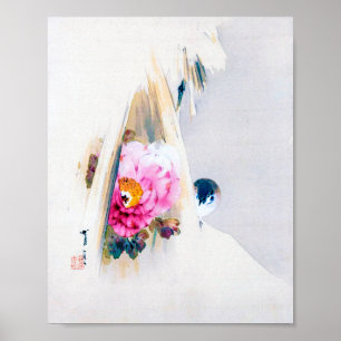 Peony Flower and Sparrow in Snow, Watanabe Seitei Poster