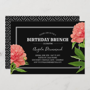 Peony Flower Birthday Brunch Black Invitation