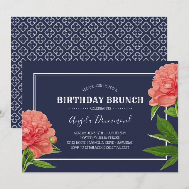 Peony Flower Birthday Brunch Blue Invitation (Front/Back)