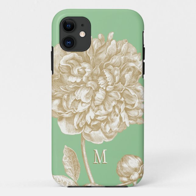 Peony Flower Botanical, Mint  and Gold Monogrammed Case-Mate iPhone Case (Back)
