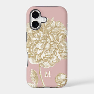 Peony Flower Botanical, Pink and Gold Monogrammed