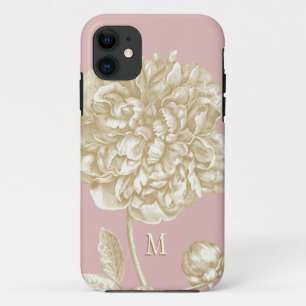 Peony Flower Botanical, Pink and Gold Monogrammed iPhone 11 Case